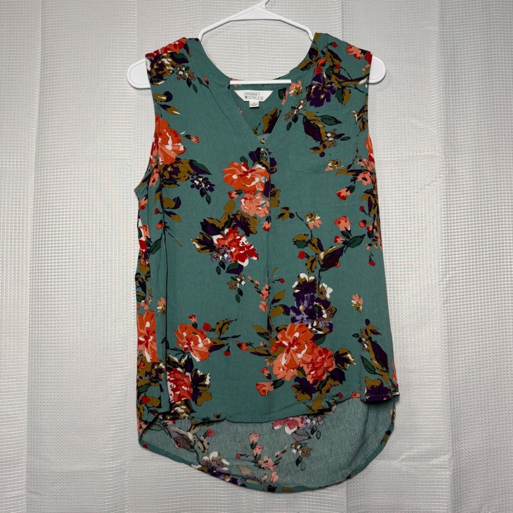 Market & Spruce Teal Floral Sleeveless Blouse